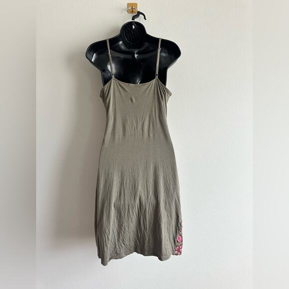 Vintage 2000s Sequin Slip Dress | Boho Y2K Glam Olive Green Pink Floral Size M - Picture 3 of 6